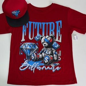 Billionaire Boys Red Graphic Tee & hat  Sz L 10-12 NWT